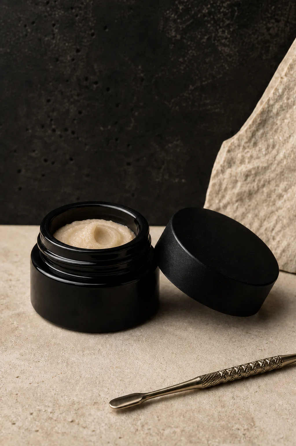 Single neutral-black jar of pale cold-cure rosin with its lid and a dab tool