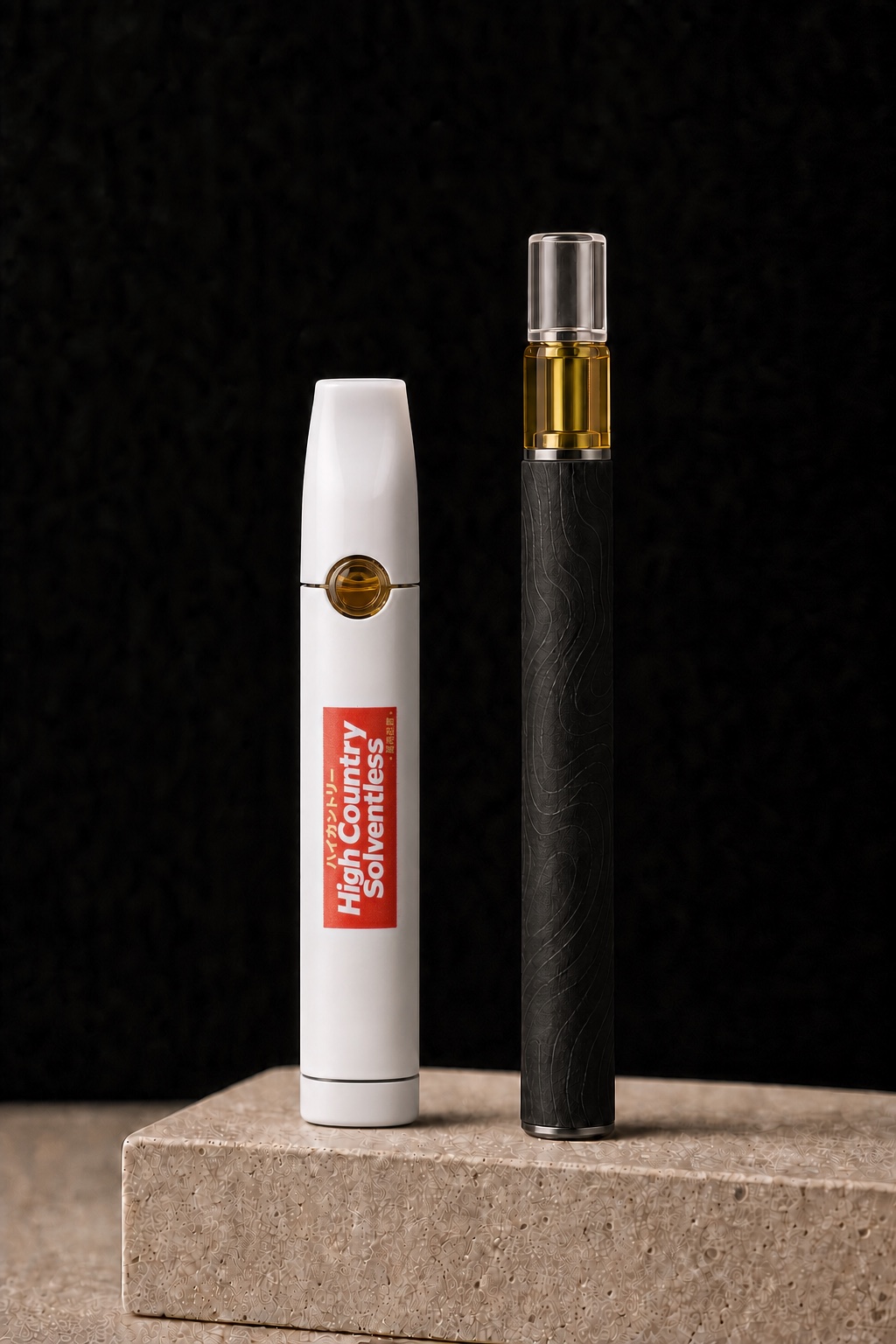 White all-in-one vape beside a slim O2-style all-in-one vape